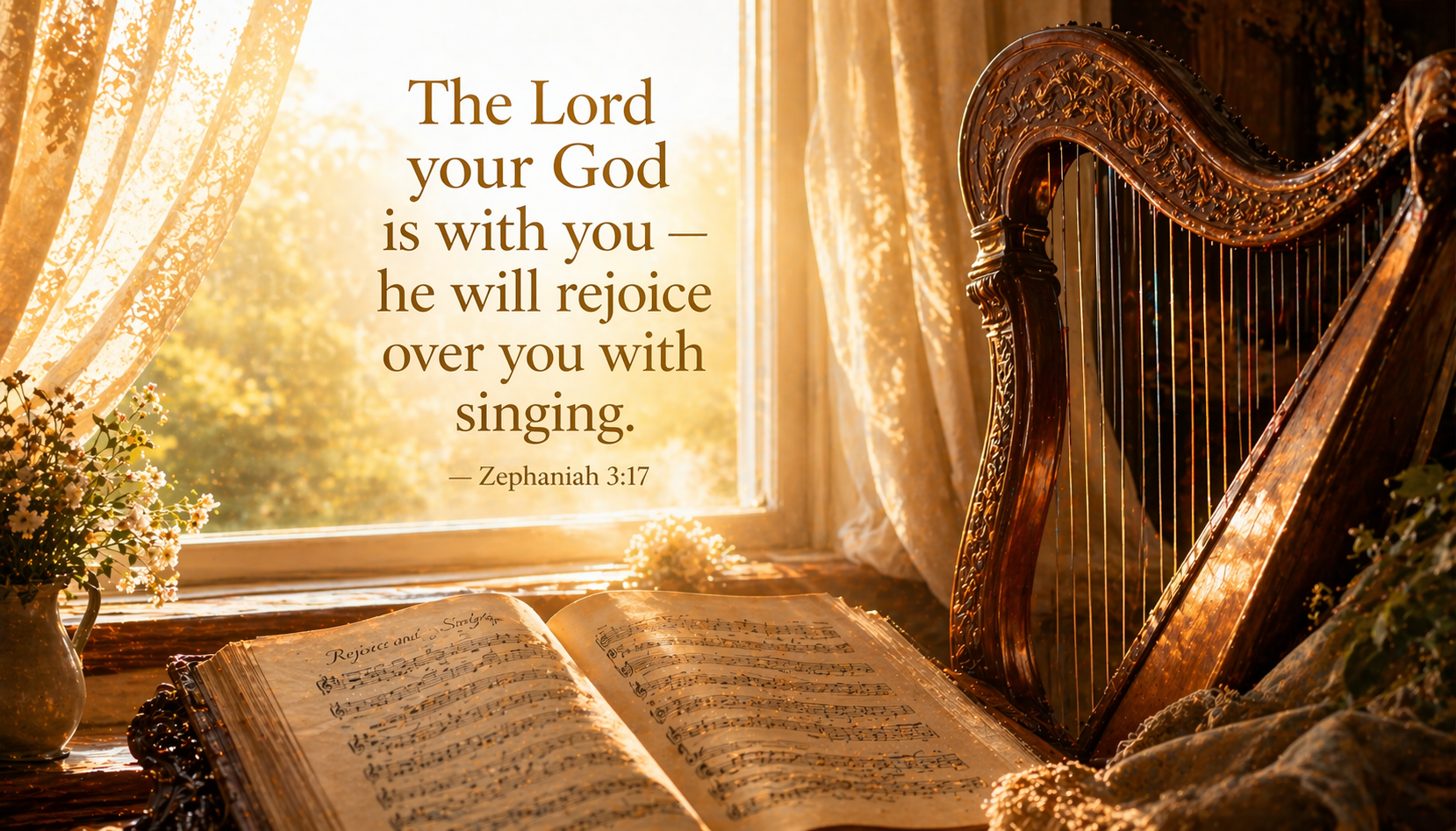 Beautiful harp beside sheet music and open hymnal at golden sunlit window soft curtains morning light -- Zephaniah 3:17 singing joy wallpaper